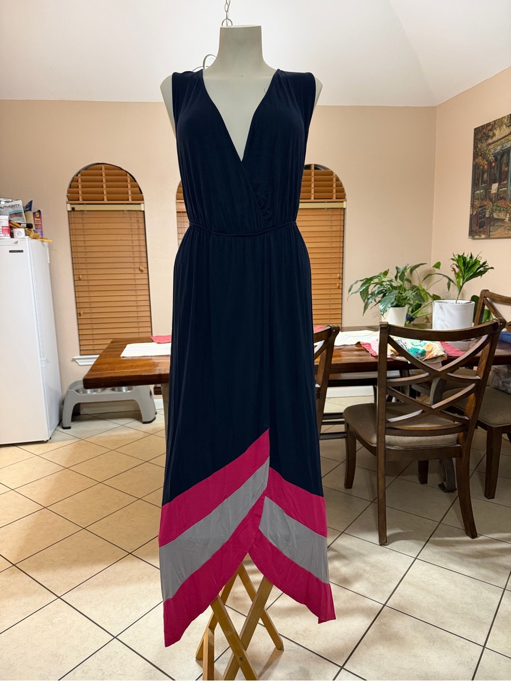 Soprano Navy Maxi Dress with Pink & Gray Chevron Detail